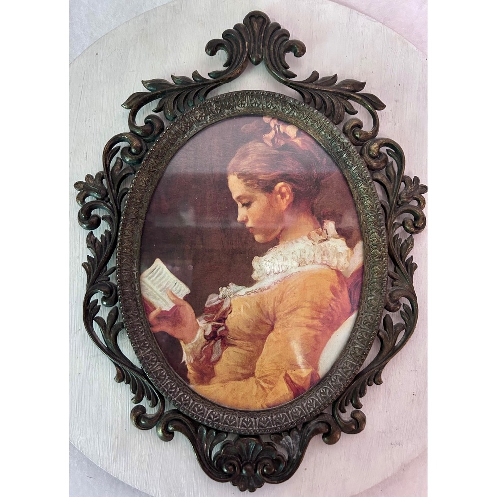 Vintage Action Made in Italy Brass Filigree Oval Frame Fragonard Girl Reading